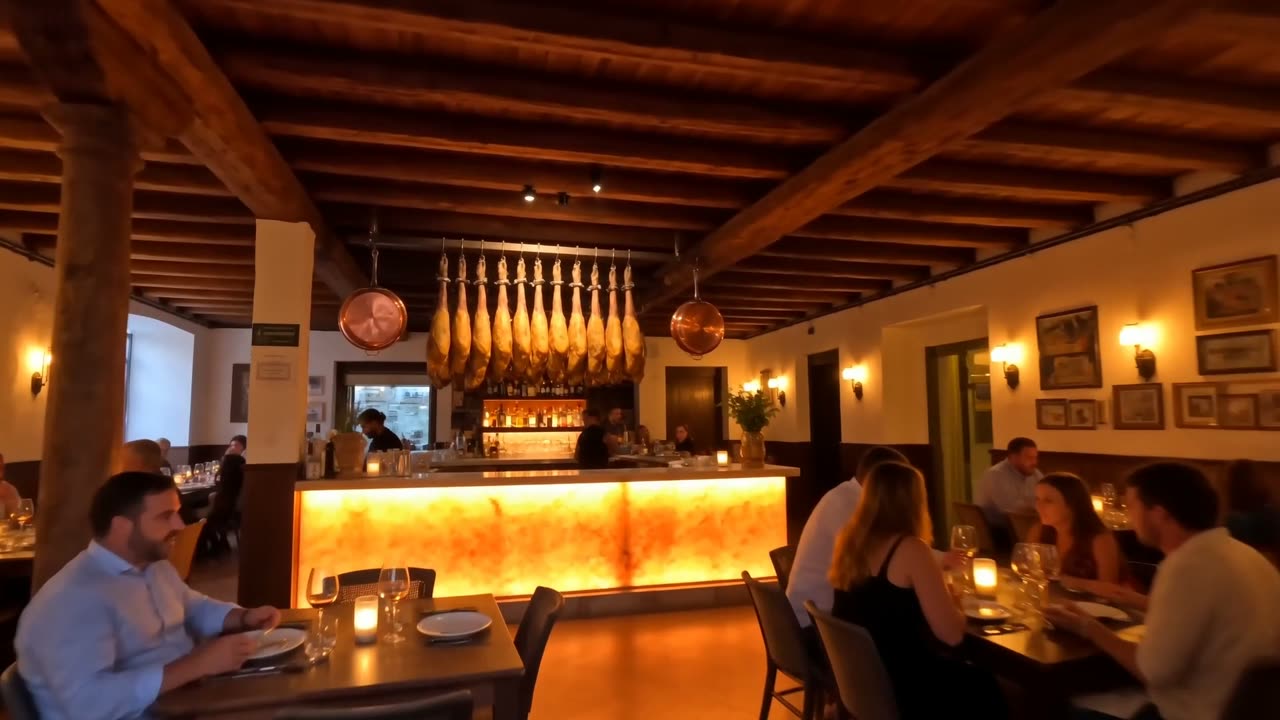 Interior del restaurante Jocavi, con vigas de madera y barra iluminada
